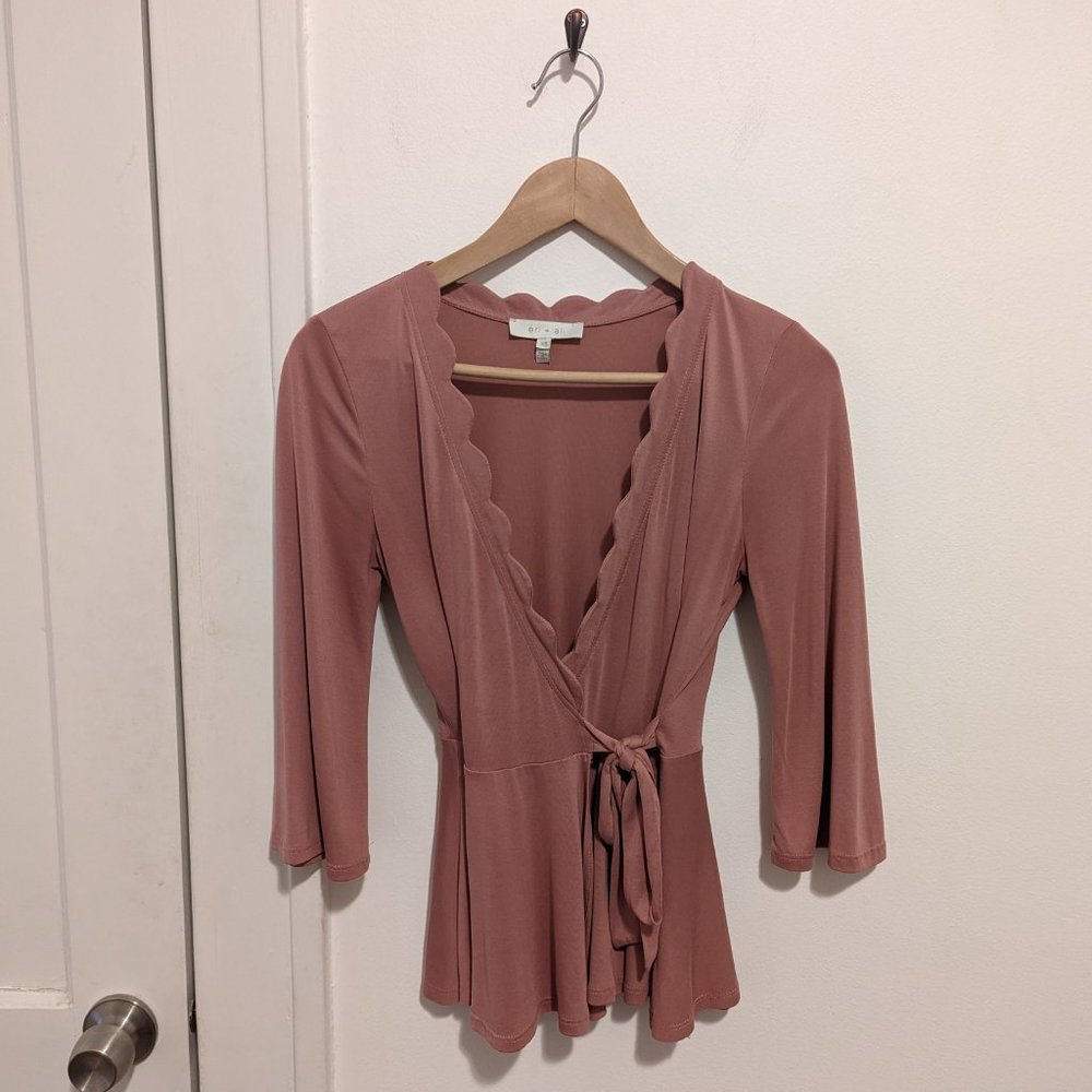 Anthropologie Eri + Ali Pink Scallop Wrap Top - Picture 2 of 7